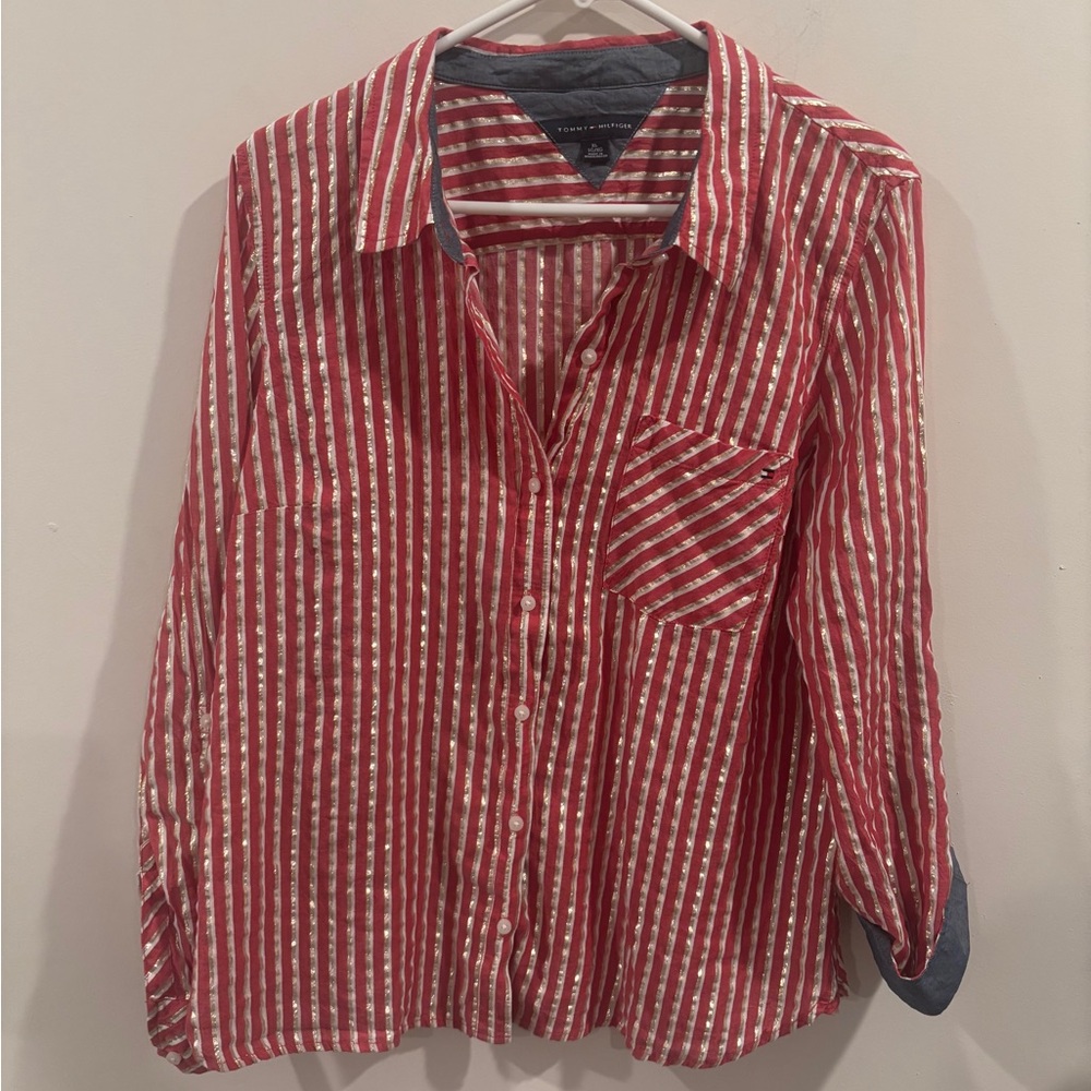 Tommy Hilfiger Red and White Striped Button-Down Shirt